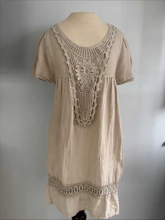 Stella rose Dresses & Skirts - Boho Crochet Front Linen Tunic Top - Neutral Beige